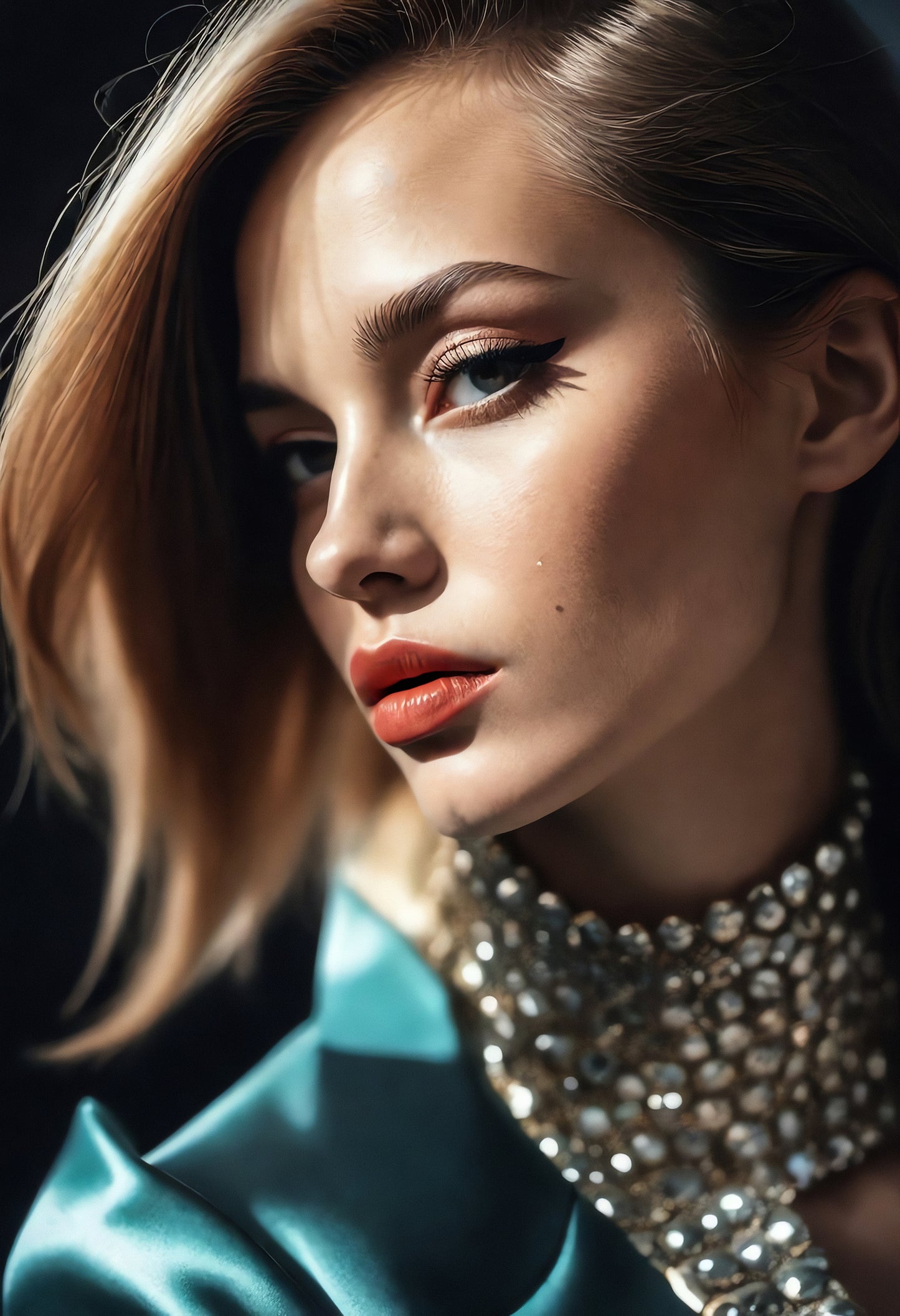 A close-up portrait of a young woman with glamorous makeup and elegant attire in soft lighting