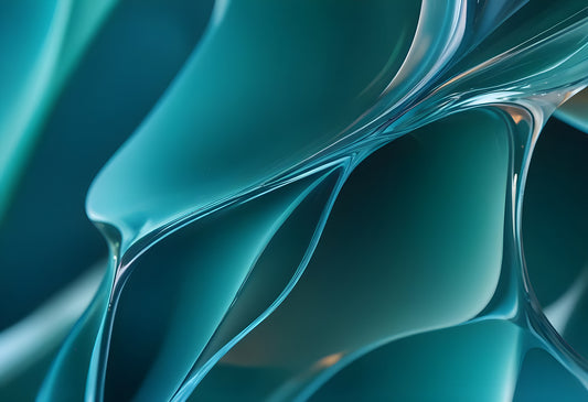 Abstract close-up of flowing teal and glass-like shapes creating mesmerizing patterns and textures in a translucent environment