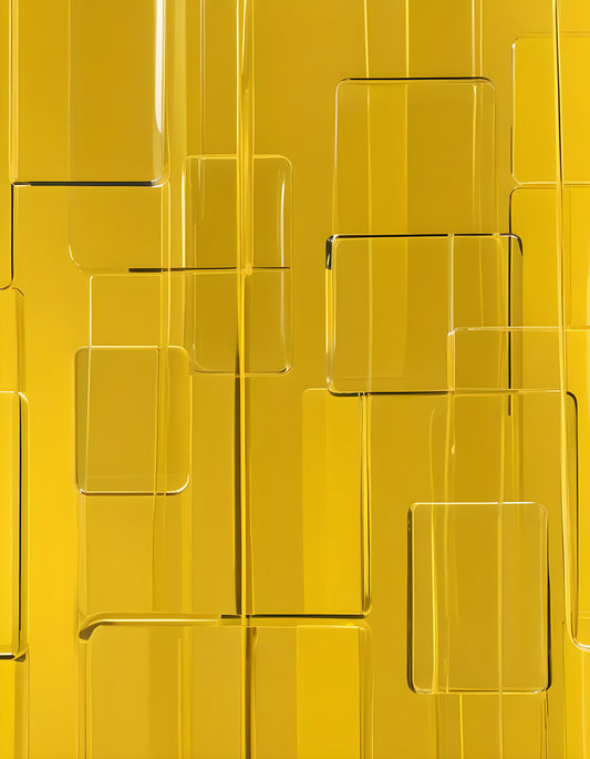 Clear acrylic blocks arranged artistically against a bright yellow background showcasing geometric shapes and modern design elements. Generative AI