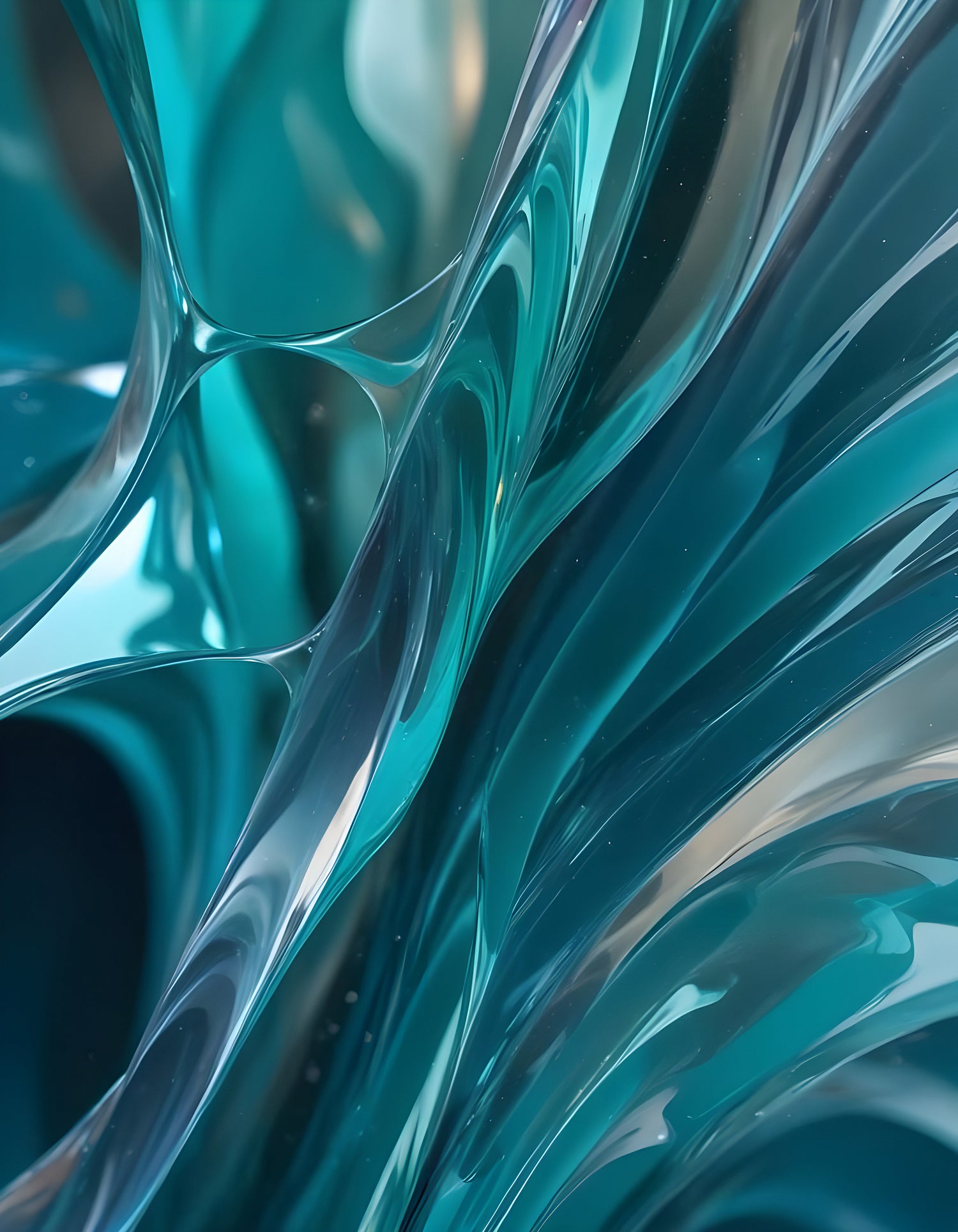 Abstract close-up of flowing teal and glass-like shapes creating mesmerizing patterns and textures in a translucent environment