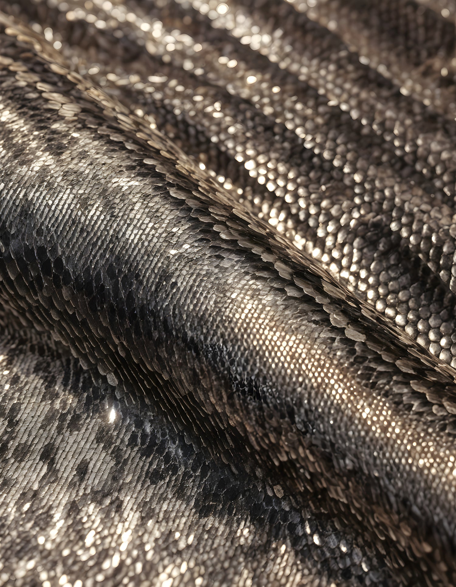 Shimmering metallic snake skin texture with intricate patterns on a soft background