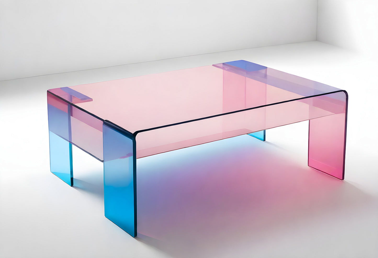 Modern acrylic coffee table in pastel pink and blue placed against a minimalist white background in a contemporary interior setting