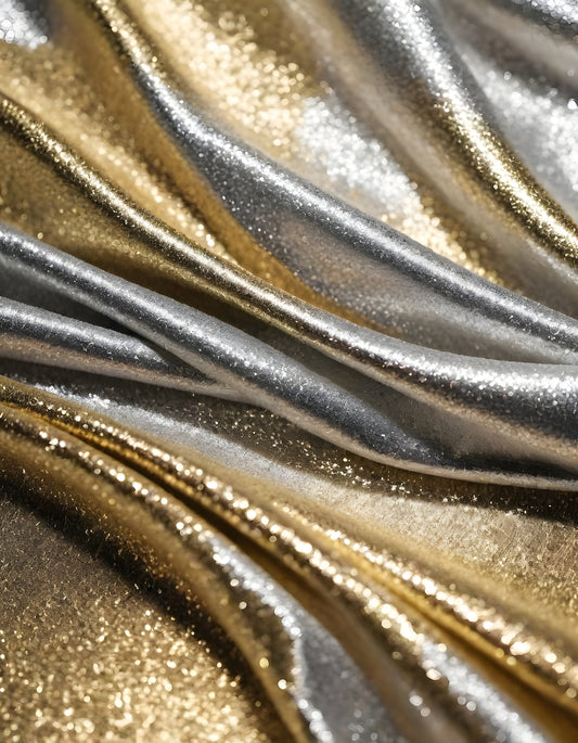 Shimmering gold and silver fabrics layered together in a luxurious arrangement during daylight