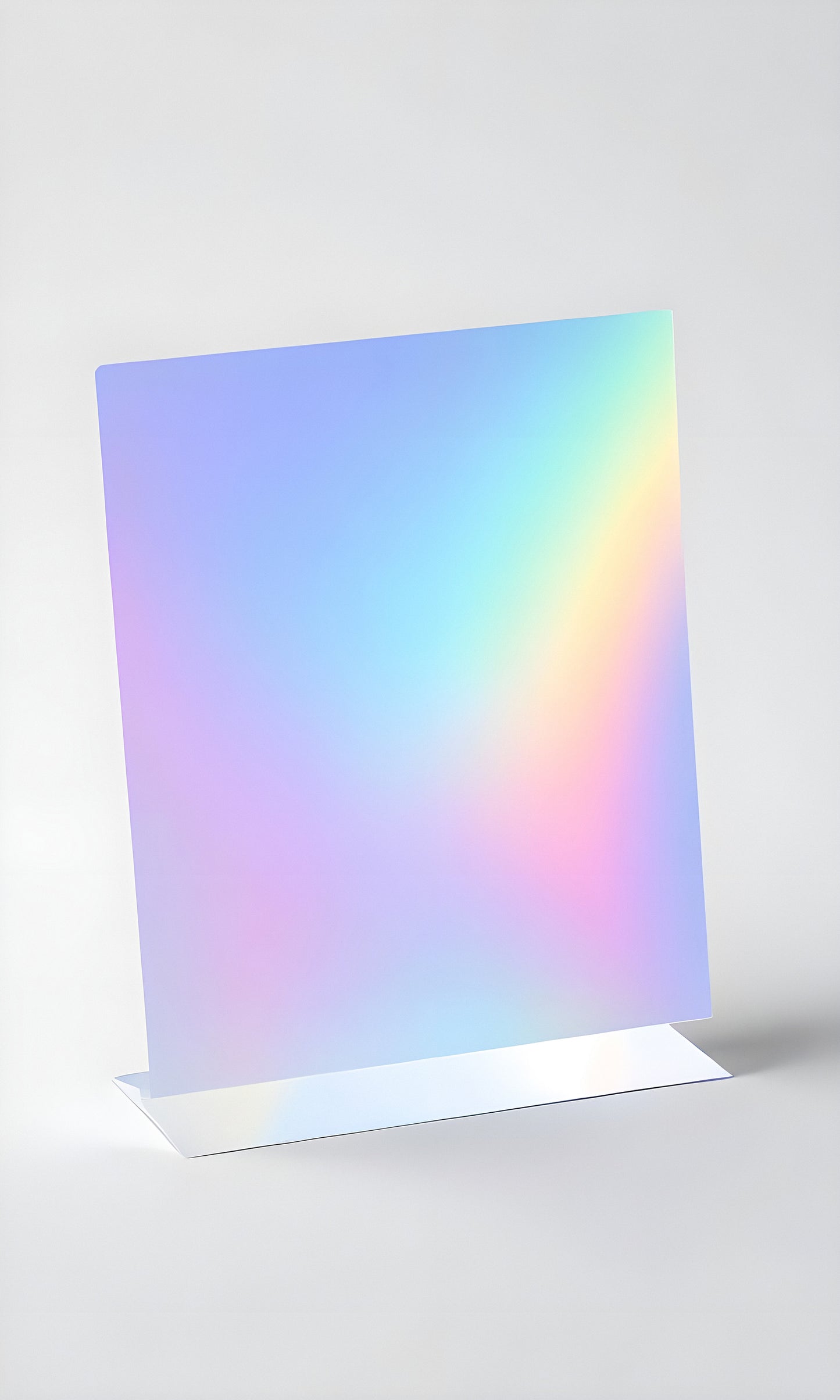 A transparent panel reflecting soft rainbow colors in a minimalistic setting with subtle lighting effects