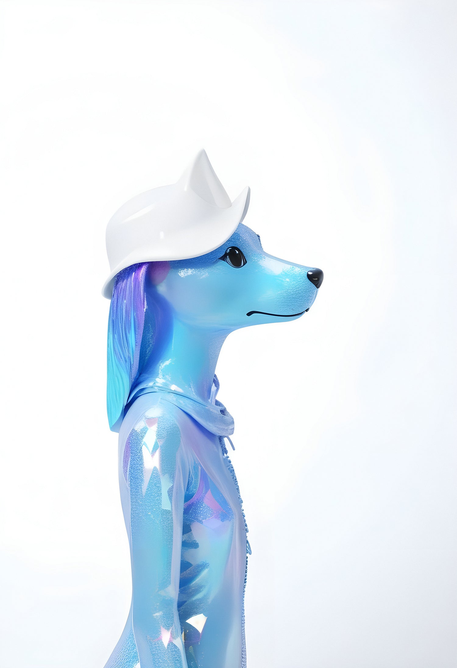 A colorful dog figurine wearing a white hat poses against a plain background in a creative display of art and design