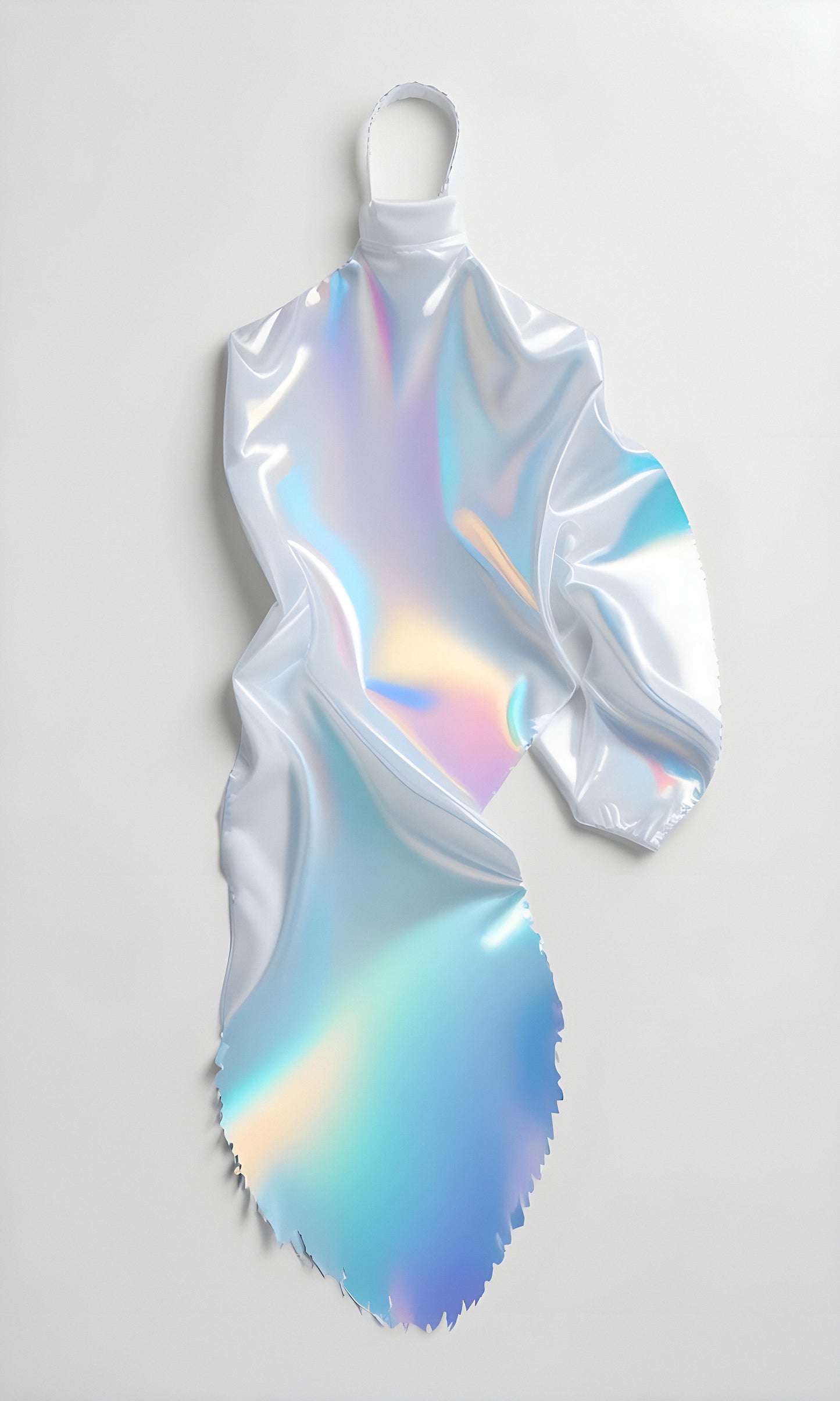 Shimmering holographic fabric draped artistically against a light background showcasing vibrant color reflections