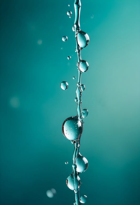 Water droplets on a thin surface with a blurred turquoise background amidst soft light reflections. Generative AI