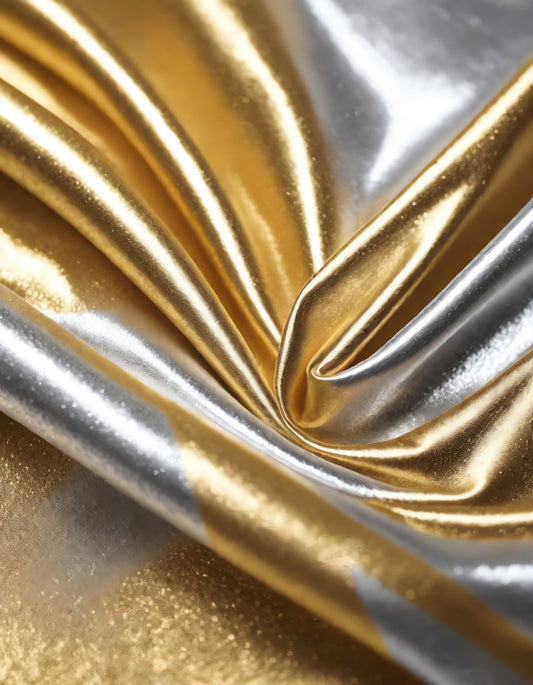 Metallic golden and silver fabric creates elegant textures with intricate folds and reflections under soft lighting