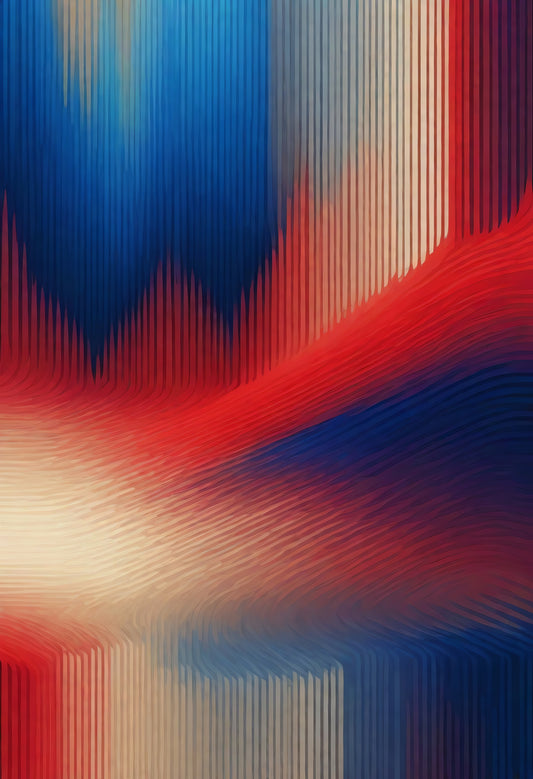 Vibrant abstract art piece featuring bold red, blue, and white colors with dynamic vertical lines creating a sense of movement and flow