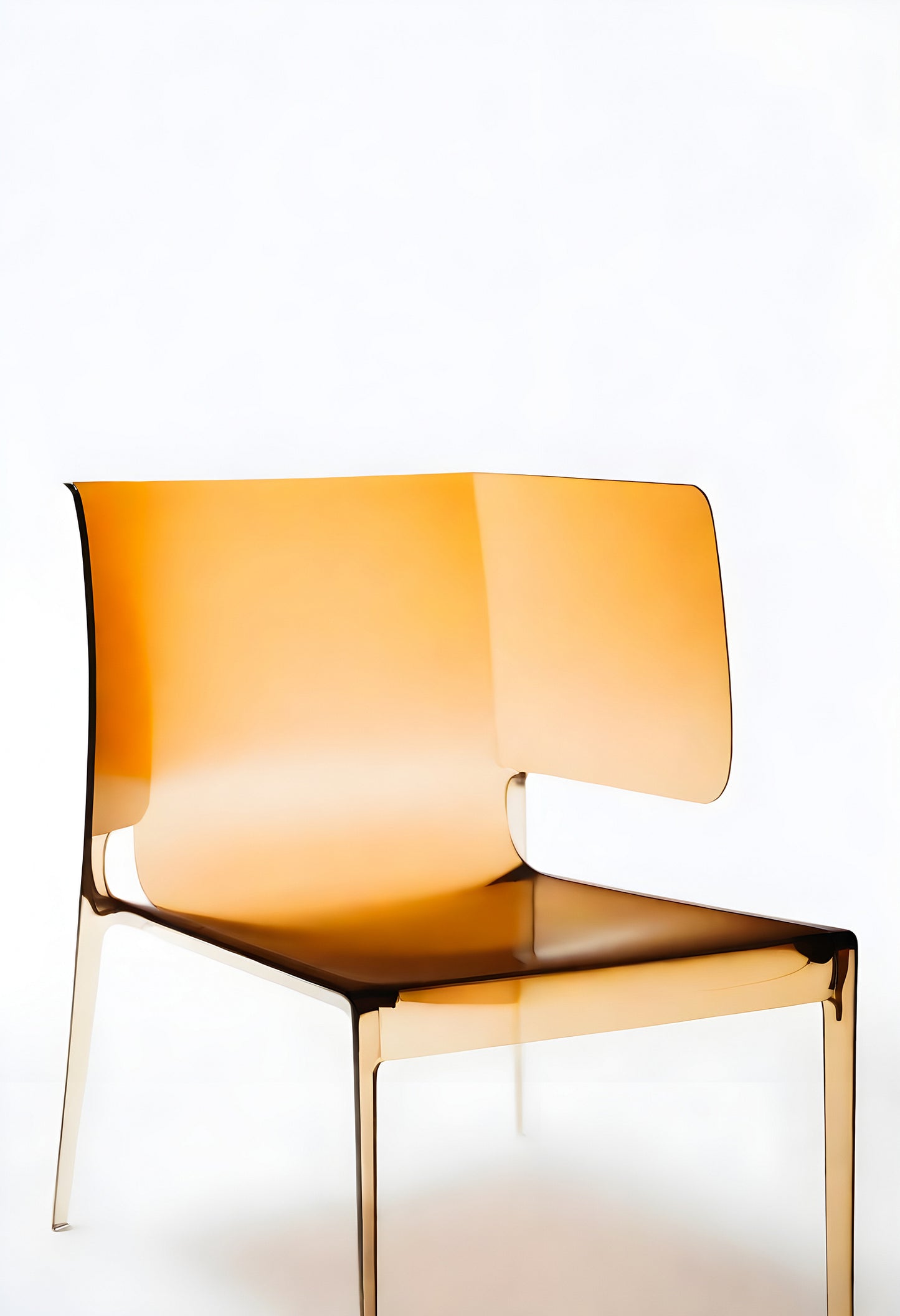 Transparent modern chair with an orange tint set against a plain background showcasing contemporary design aesthetics