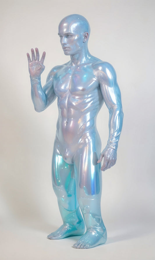 A reflective metallic figure stands upright with one hand raised in an expressive gesture against a plain background