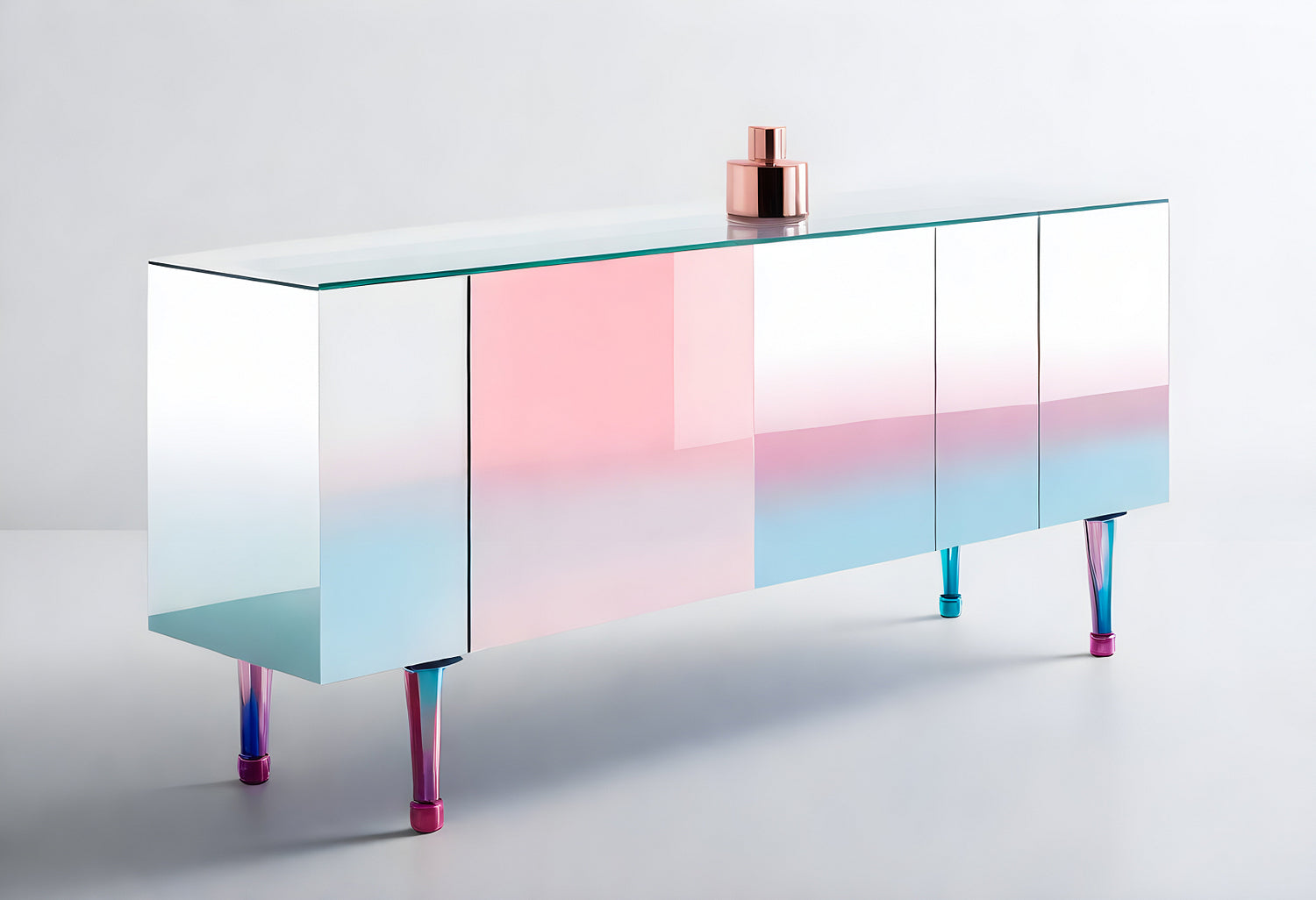 Modern pastel gradient sideboard with sleek glass top and metallic accents in a minimalist interior setting