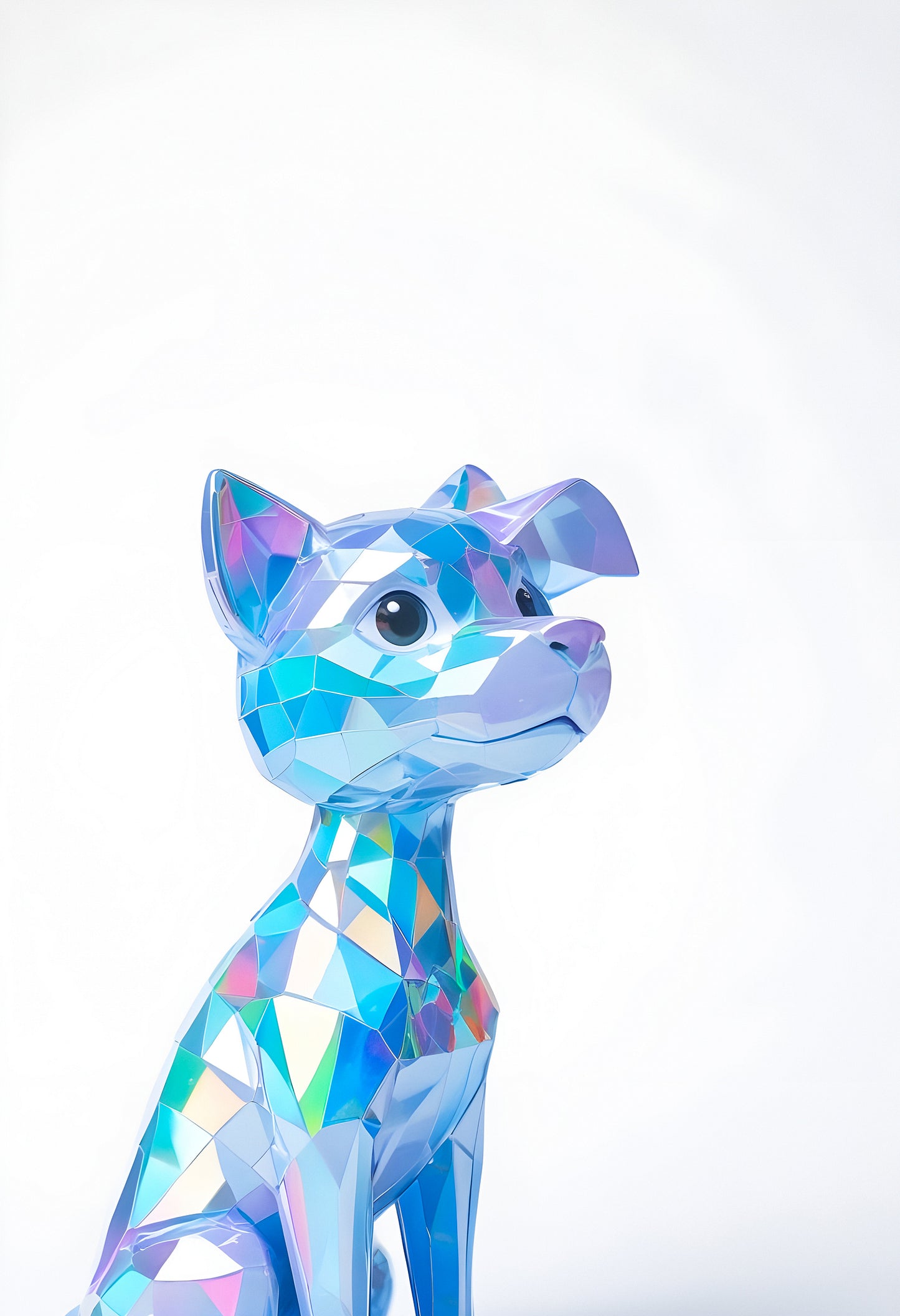 A colorful geometric dog sculpture capturing light and reflections against a bright background