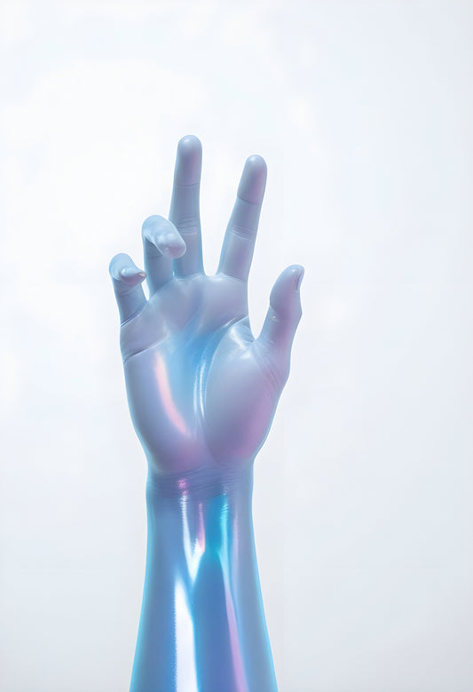 A glossy, translucent hand reaching upwards against a minimalistic white background, showcasing modern design elements and artistic expression