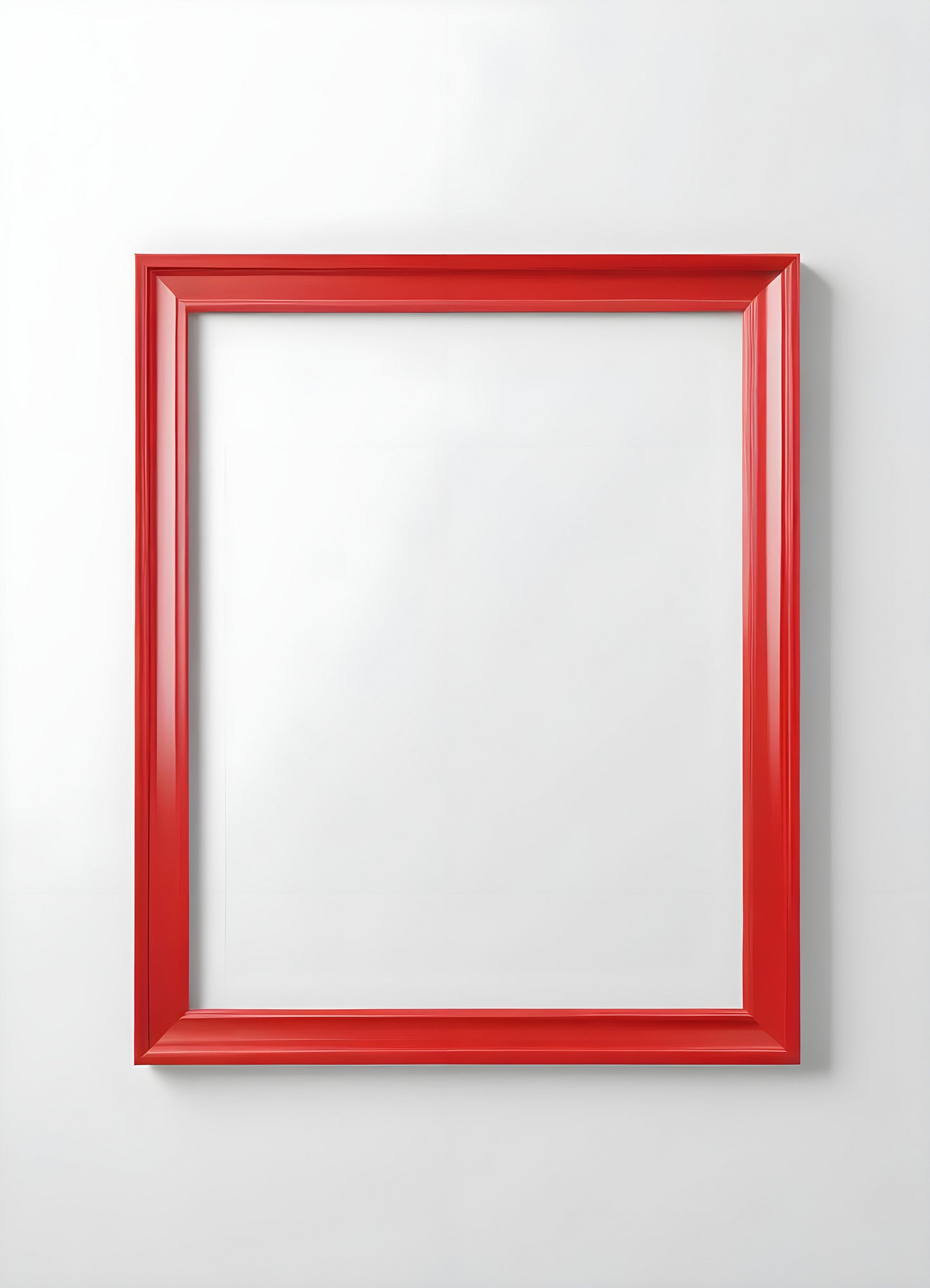 A bright red frame on a plain white wall, perfect for displaying artwork or photographs in a modern interior setting