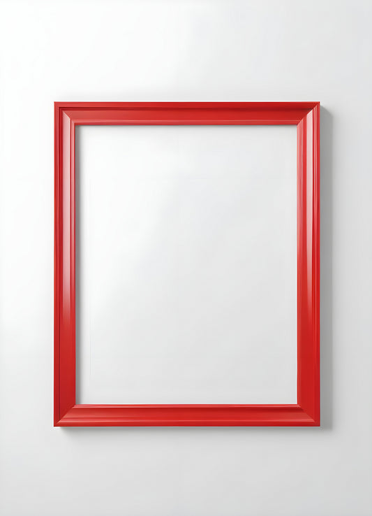 A bright red frame on a plain white wall, perfect for displaying artwork or photographs in a modern interior setting