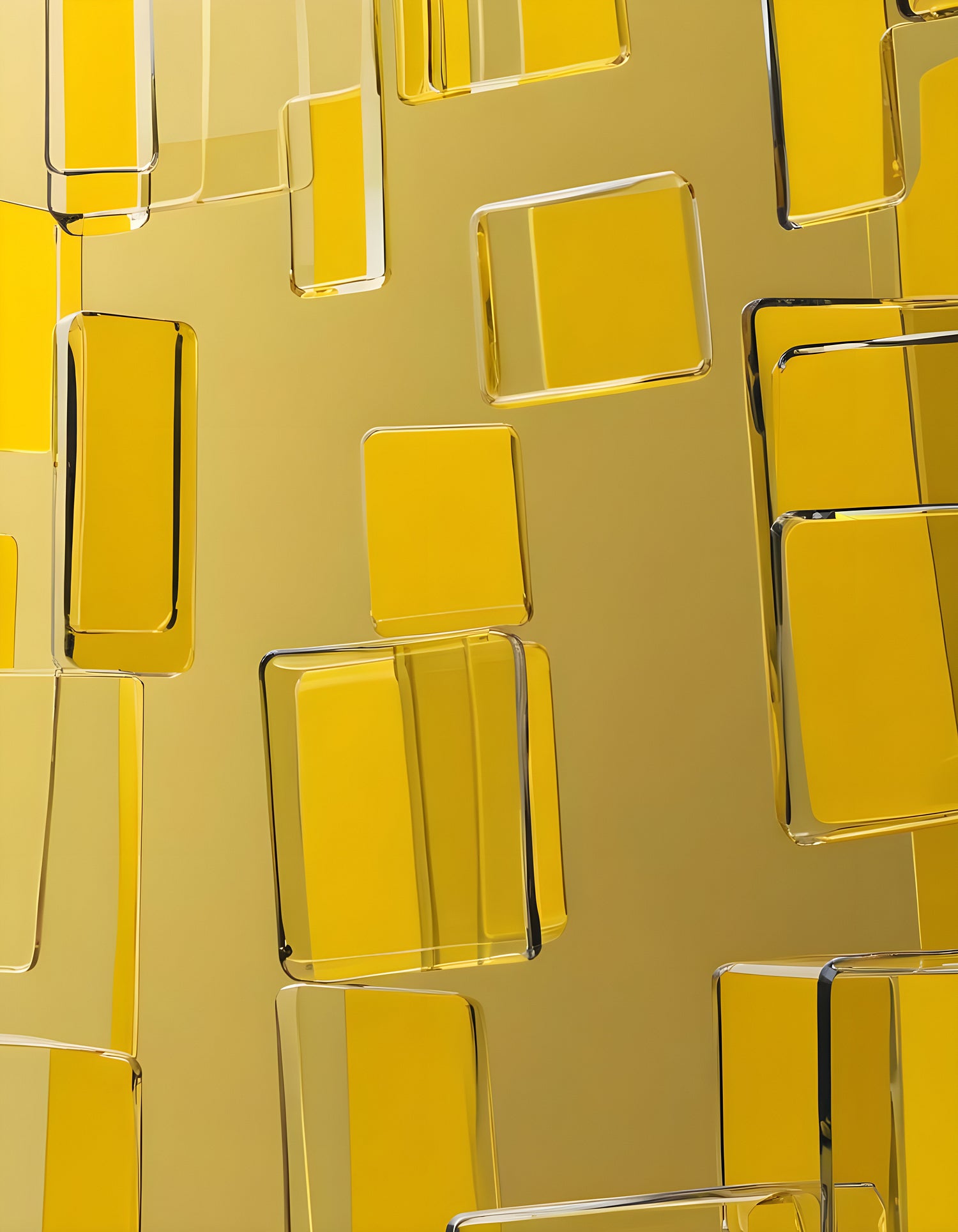 Clear acrylic blocks arranged artistically against a bright yellow background showcasing geometric shapes and modern design elements. Generative AI