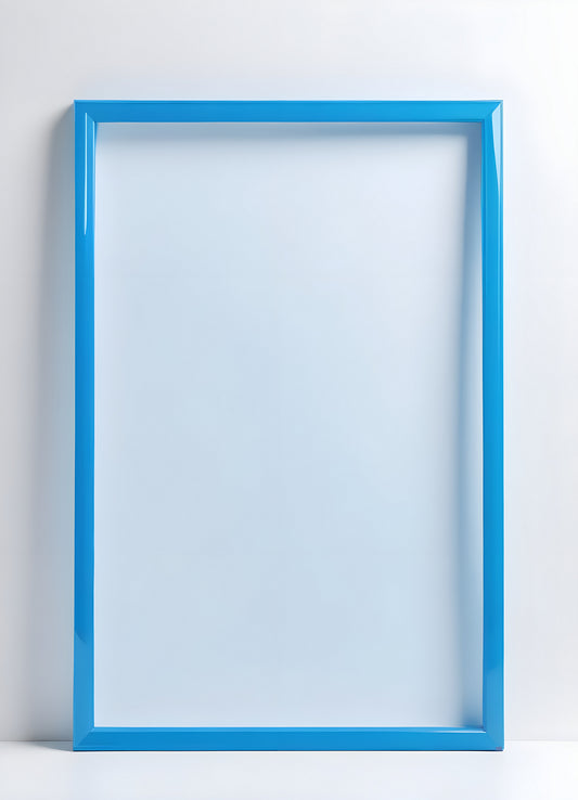 Bright blue empty picture frame against a minimalist background inviting creativity and personal expression in home decor