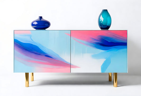 Stylish modern cabinet with vibrant blue and pink abstract design in a minimalist setting