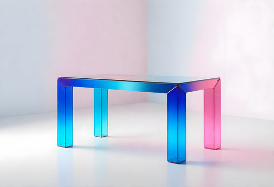 A modern glass table with gradient colors in a minimalist interior setting, showcasing a creative design aesthetic