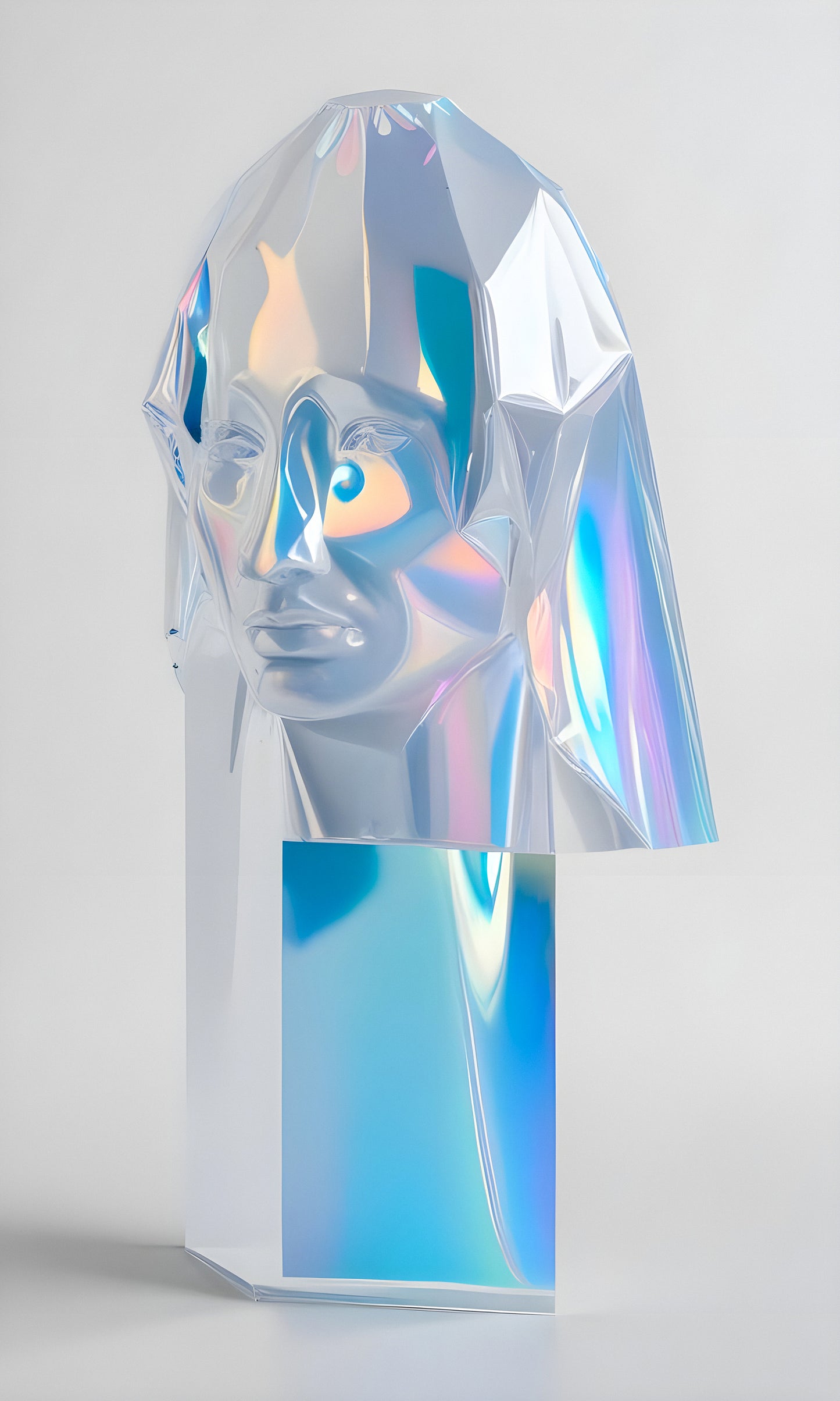 A modern sculpture with a reflective surface depicting a human face and abstract features, illuminated against a neutral background