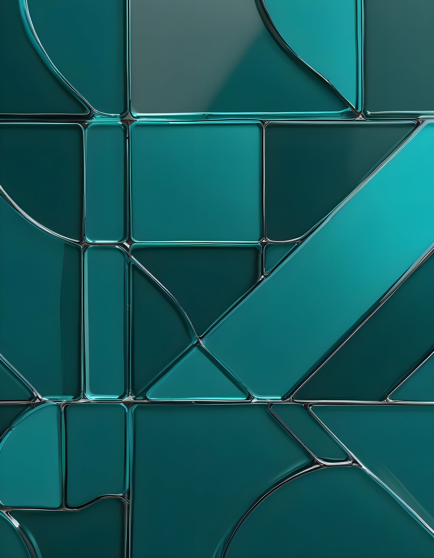 Abstract teal wall design featuring varying glass-like panels in a contemporary setting. Generative AI