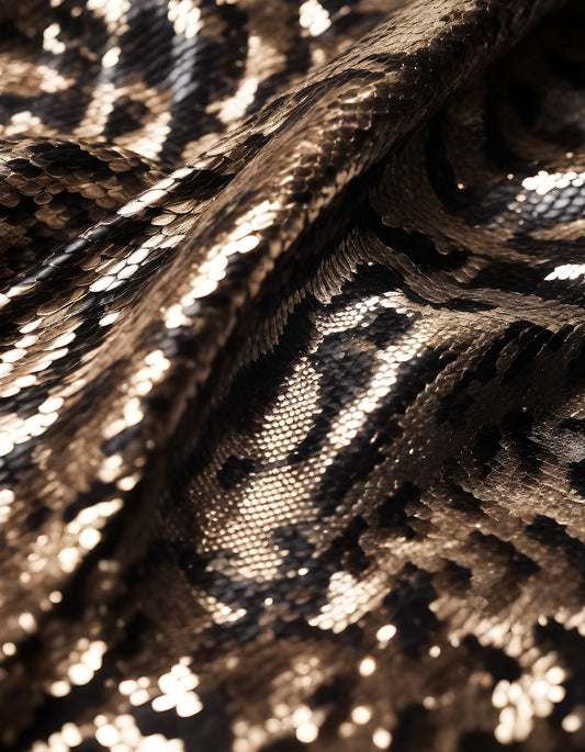 Shimmering sequin fabric with a leopard print design in warm golden tones