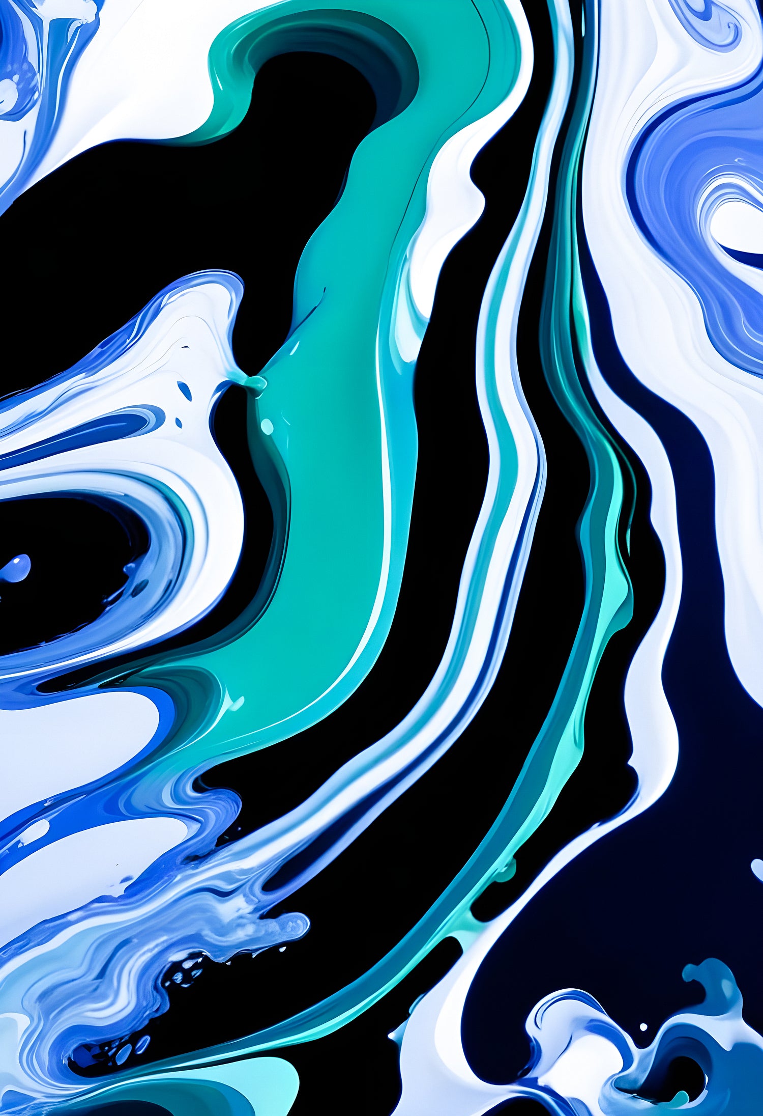 Abstract fluid art with swirling blue and green patterns on a dark background