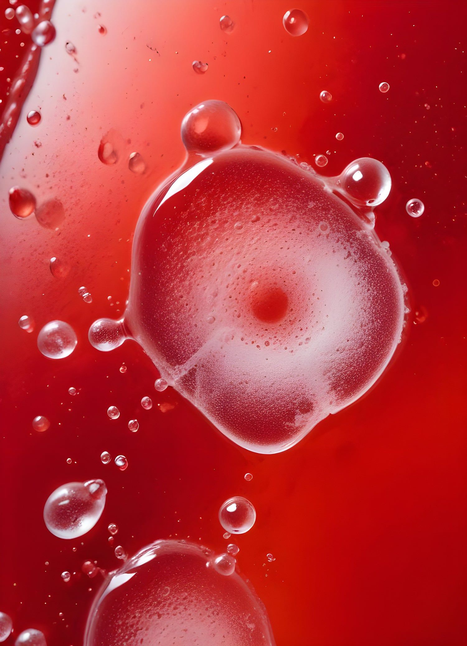 Abstract close-up of red liquid with bubbles and droplets, showcasing the interplay of colors and textures in a vibrant manner. Generative AI