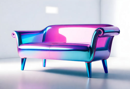 Modern iridescent sofa in a minimalist room lit by natural light during the daytime, showcasing vibrant color transitions