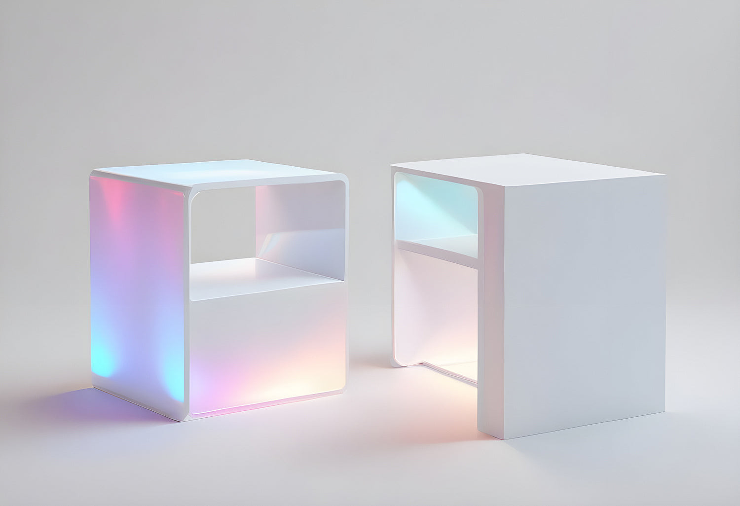 Modern minimalist side tables with glowing accents in a contemporary interior setting during soft lighting