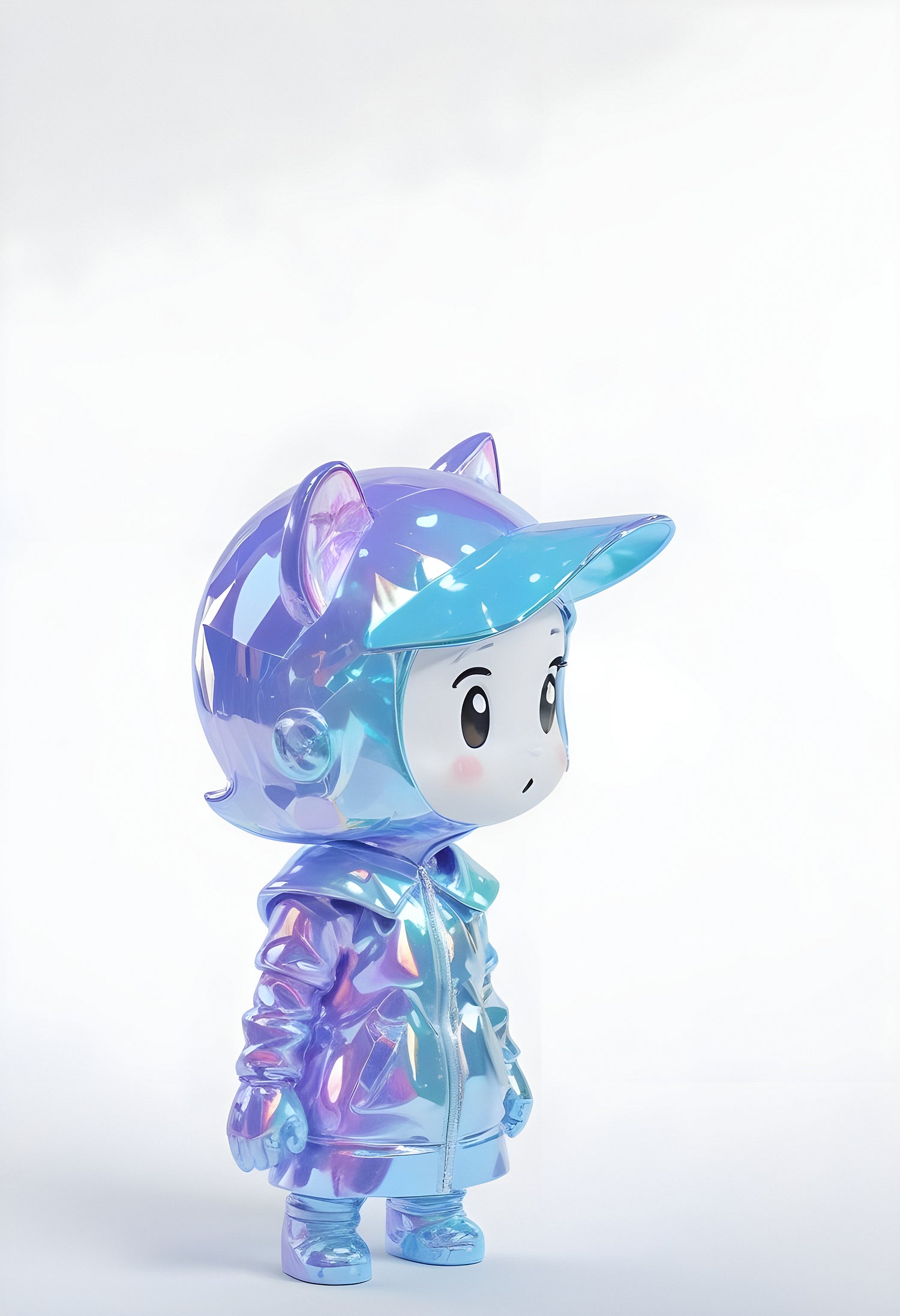 A holographic toy character in a colorful reflective outfit standing on a white background, showcasing a playful and whimsical design