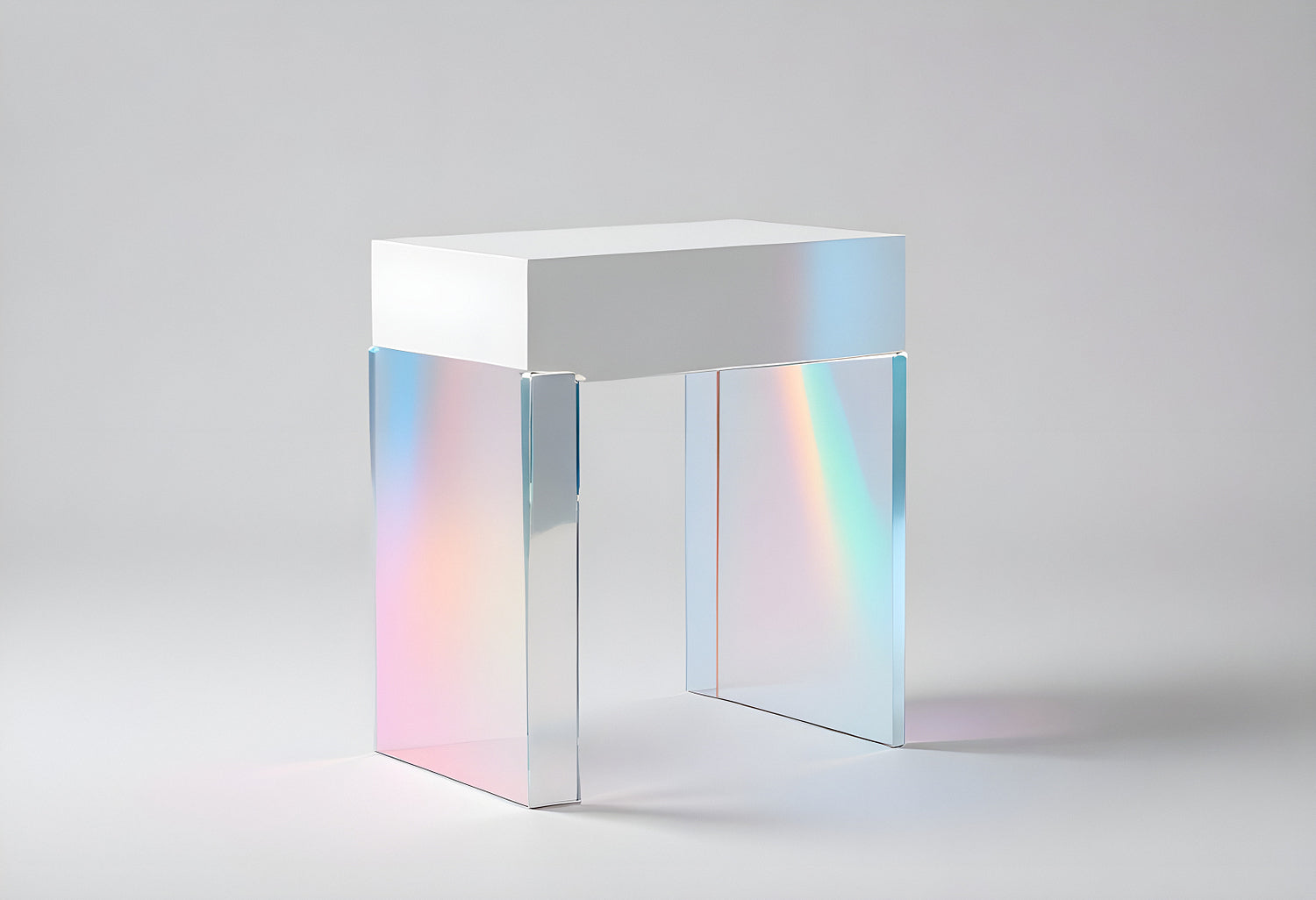 Modern minimalist side table with clear acrylic legs and a solid white top displayed against a light neutral background