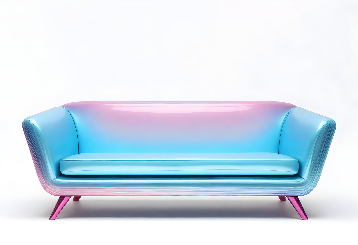 A stylish gradient sofa in vibrant blue and pink tones adds a modern touch to any contemporary living space or design studio