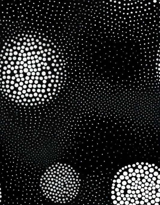 Abstract pattern of clustered dots on a black background creating a visual effect reminiscent of celestial bodies