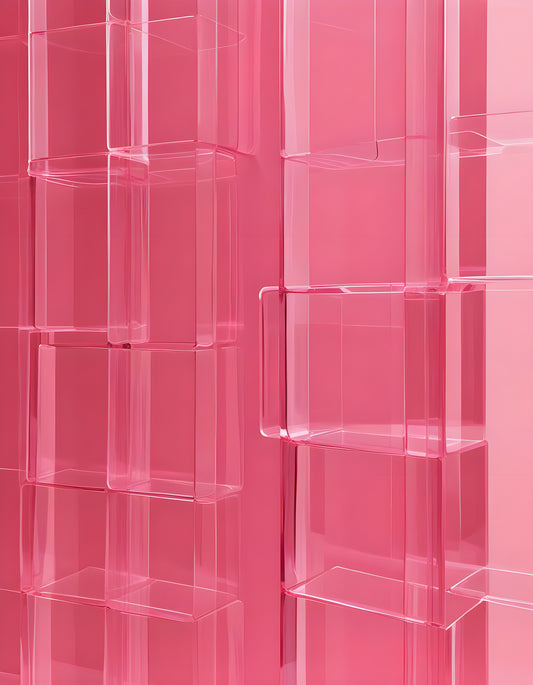 Abstract close-up of a bright pink glass structure with vertical lines against a soft pink background. Generative AI