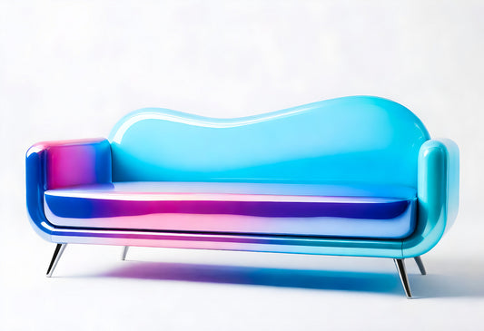 Modern gradient sofa design showcasing vibrant blue and pink tones with a unique shape against a light backdrop in a contemporary setting