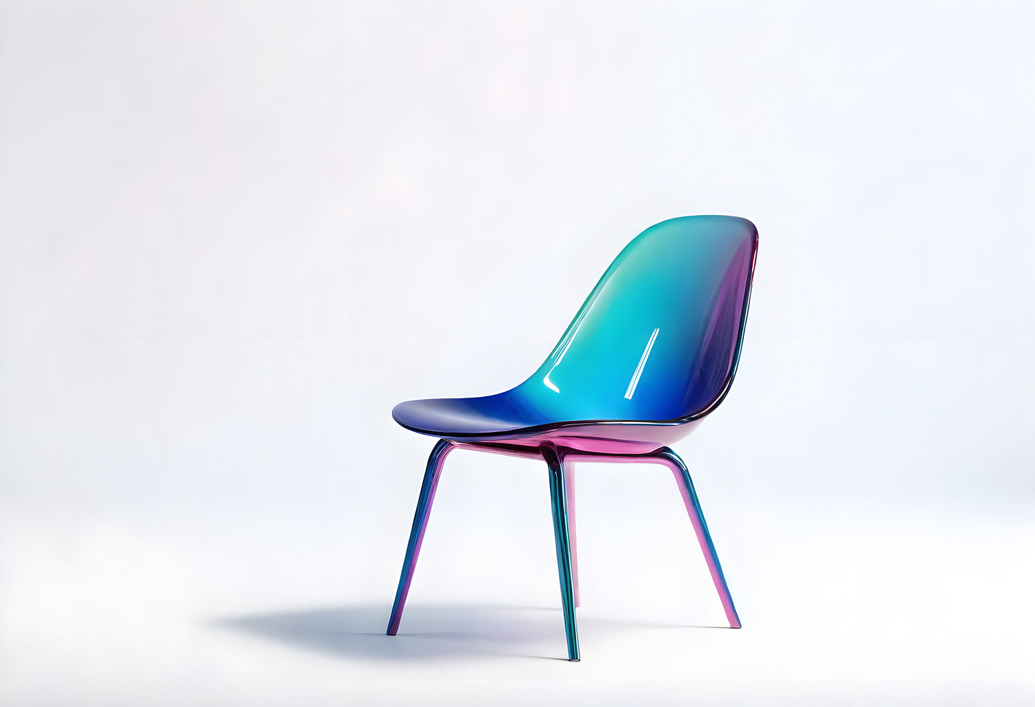 Modern translucent chair with gradient colors showcased against a minimalist backdrop in a bright studio setting