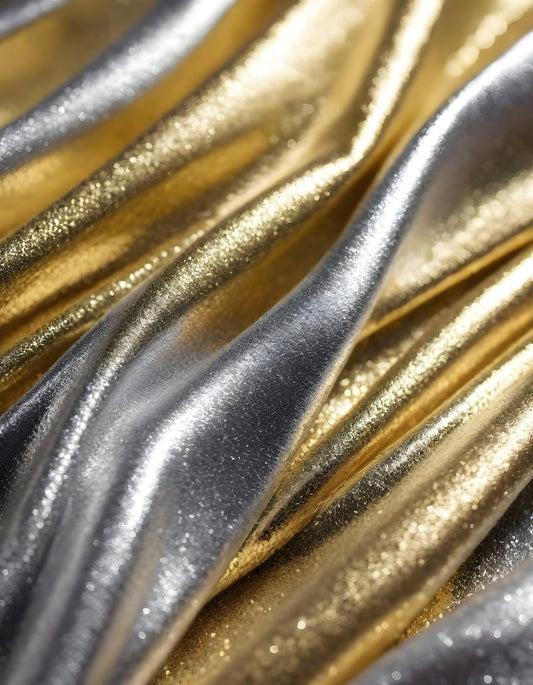 Metallic golden and silver fabric creates elegant textures with intricate folds and reflections under soft lighting