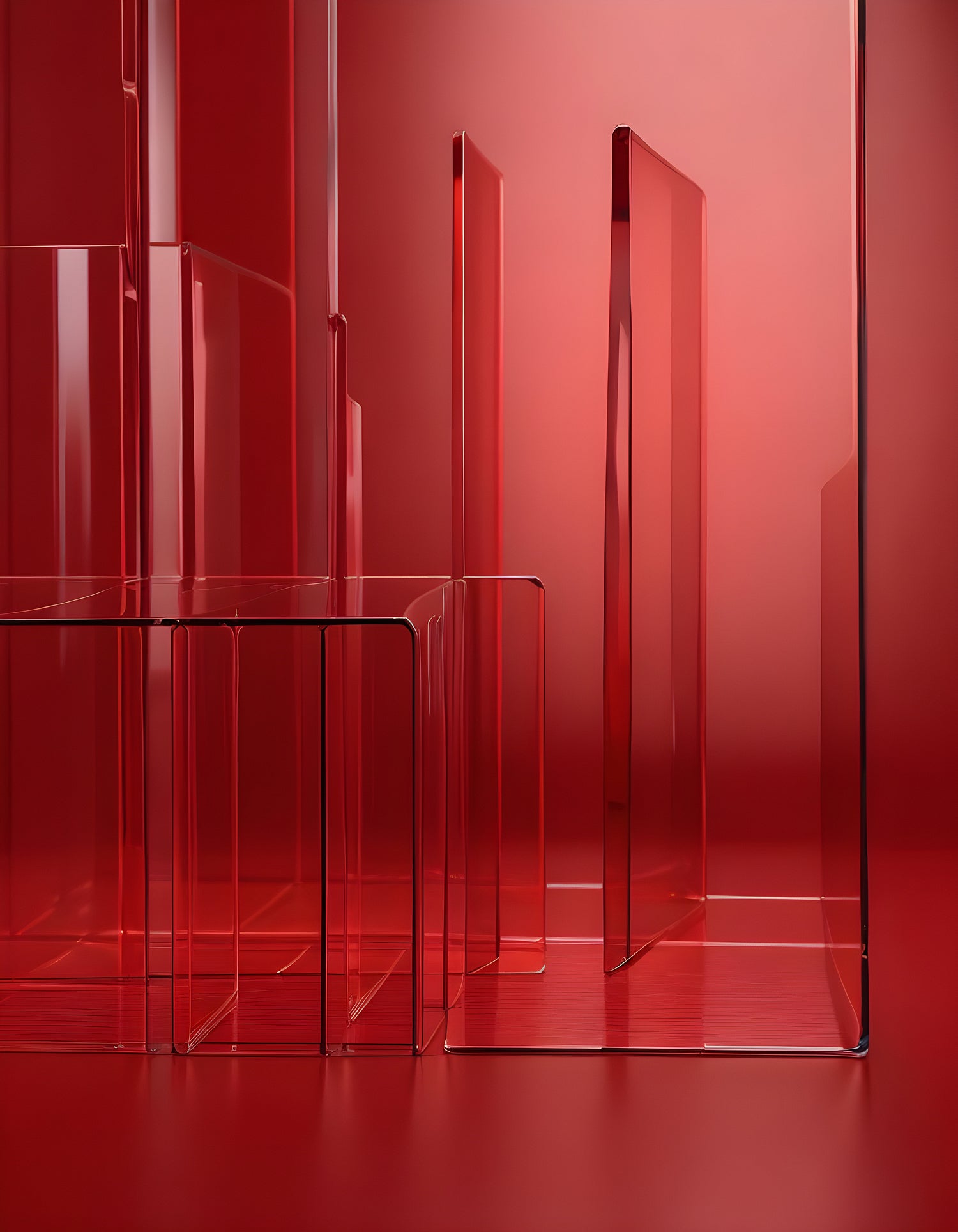 Clear acrylic shapes arranged against a vibrant red background showcasing modern design elements. Generative AI