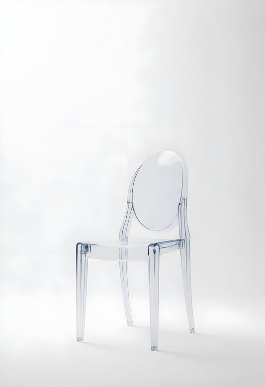 Clear contemporary chair design showcased against a minimal white background for modern interior inspiration