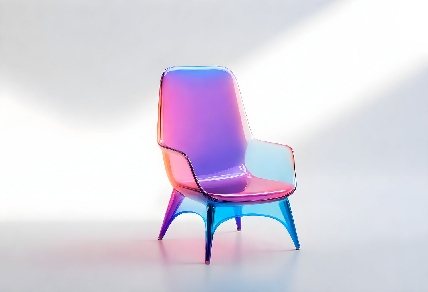 Vibrant transparent chair with a blend of pink and blue hues illuminated by soft natural light in a minimalistic setting