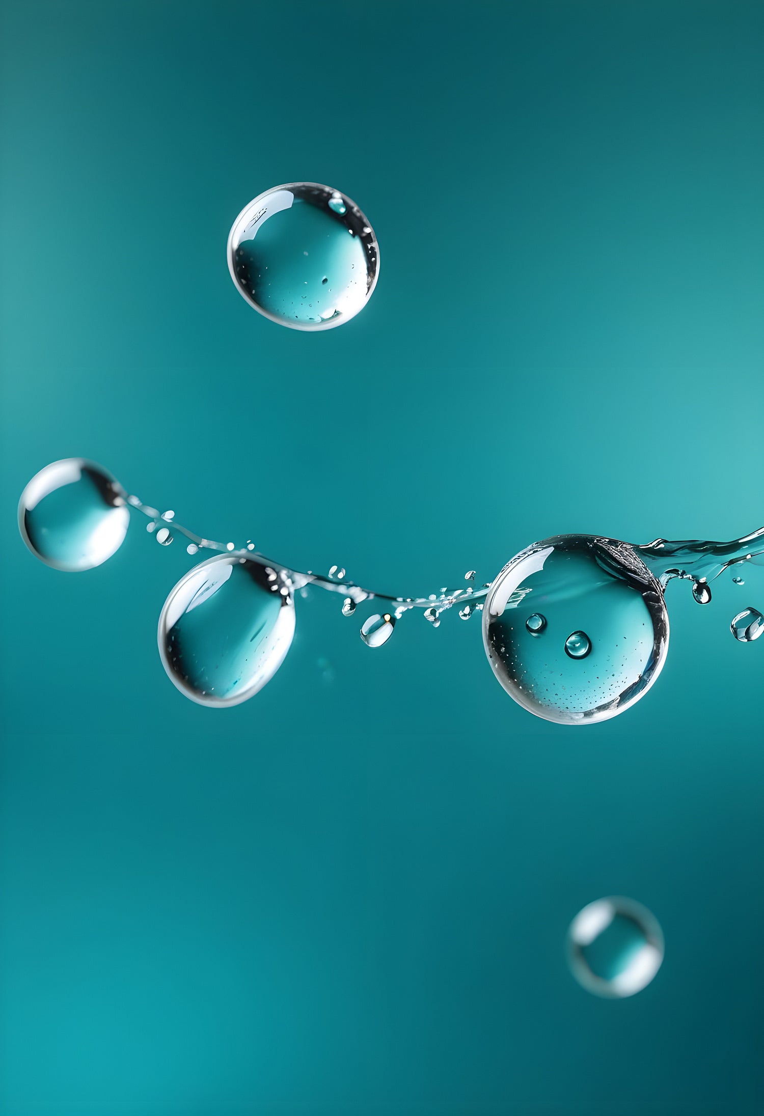 Water droplets on a thin surface with a blurred turquoise background amidst soft light reflections. Generative AI