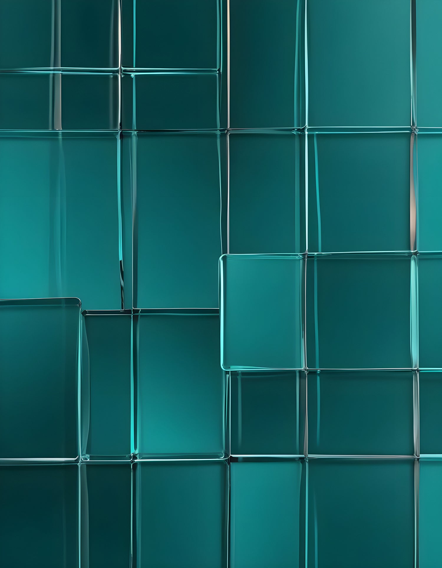 Abstract teal wall design featuring varying glass-like panels in a contemporary setting. Generative AI