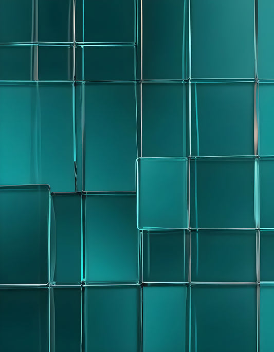 Abstract teal wall design featuring varying glass-like panels in a contemporary setting. Generative AI