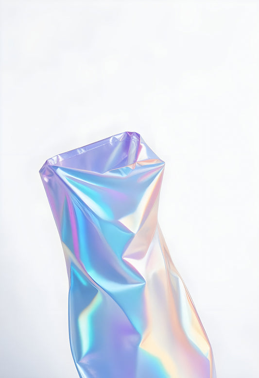 A close-up of a shiny, iridescent material draping against a plain background, showcasing its vibrant colors and reflective surface