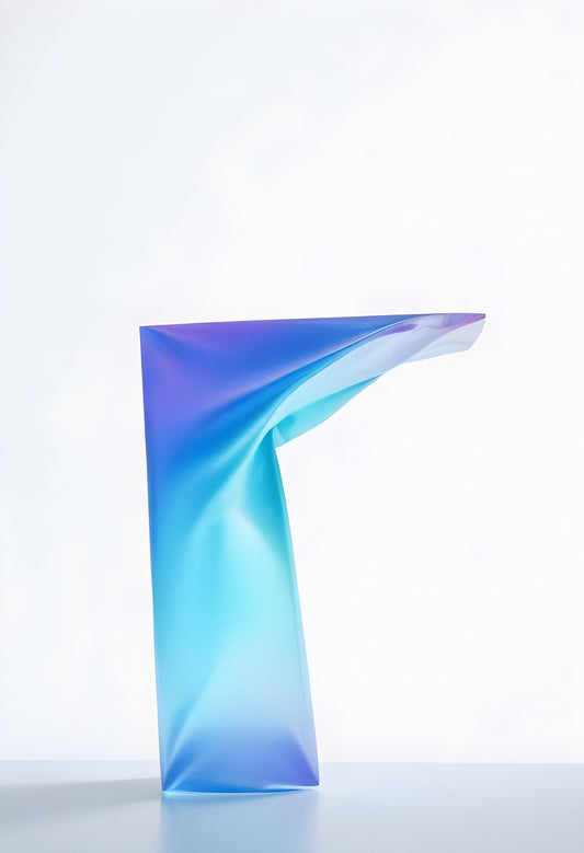 A contemporary sculpture with fluid shapes and vibrant colors displayed against a minimalist background