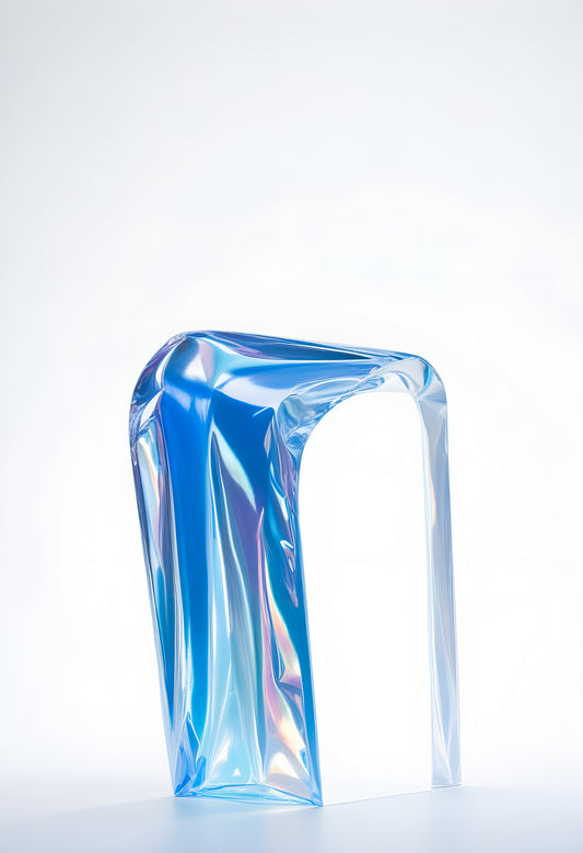 An abstract blue sculpture made of translucent material showcases its unique form against a bright white backdrop