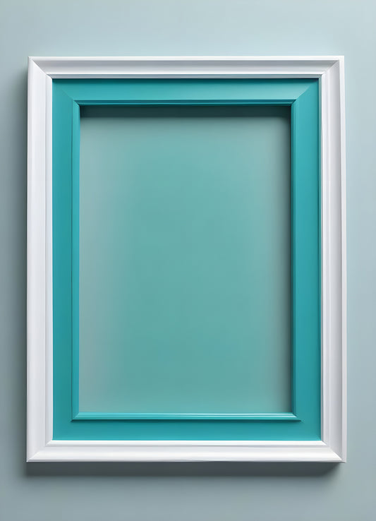 A double-layered rectangular frame in white and turquoise against a solid light blue background in a minimalist setting