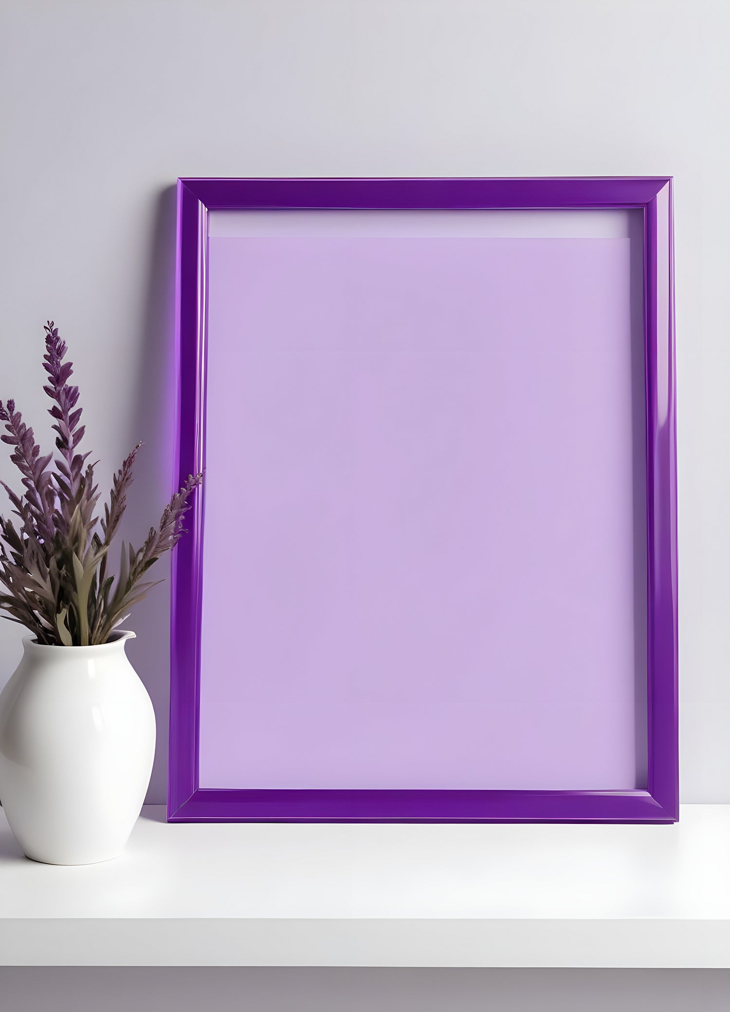 Purple acrylic picture frame displayed against a light background, highlighting its sleek design and color